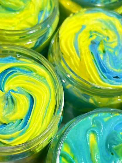 whipped body butter, swamp gloss, rainbow, mango, neon, lime, blue, yellow